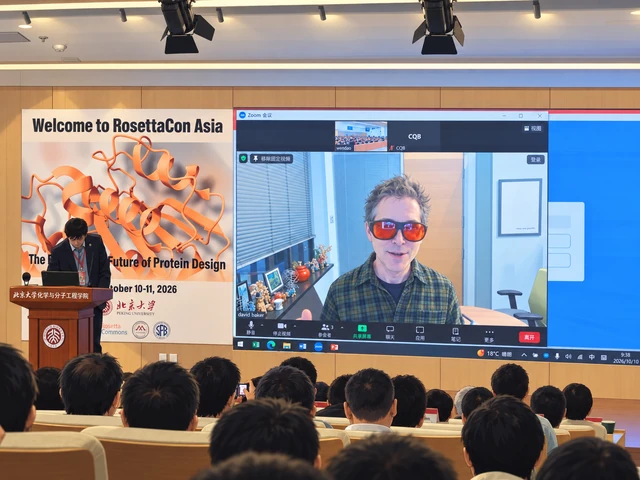 Anime illustration of a RosettaCon Asia lecture hall with David Baker wearing red sunglasses on the video screen