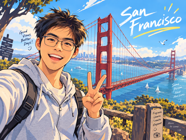 Illustrated portrait of Siyuan Jiang at the Golden Gate Bridge in San Francisco
