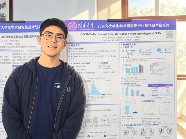 Anime illustration of Siyuan Jiang presenting his GPCR-Turbo research poster at Tsinghua University